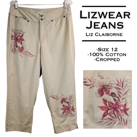 Liz Claiborne Lizwear Jeans Audra Cropped Khaki Pants Size 12 Pink Floral Accent - Picture 1 of 9